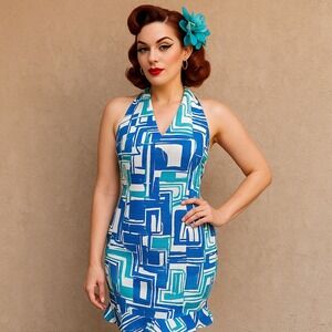 David Meister Blue Geometric Print Halter Dress Sz 6 Retro Cocktail Wiggle Party